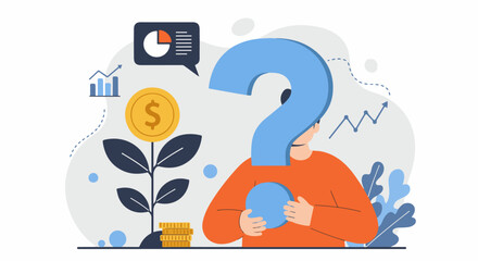 Financial Questions and Investment Uncertainty.Illustration of a large question mark held by a figure, surrounded by financial charts and money plants, symbolizing investment uncertainty.