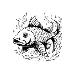 An artistic ink drawing showcases a monochrome fish illustration adorned with water ripples surrounding design concept