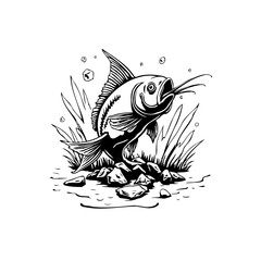 Detailed illustration of a carp fish jumping out of water surrounded by grass and rocks in monochrome
