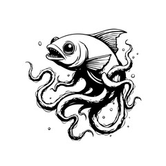 Intricate aquatic artwork showcasing fish tentacles sea creature wildlife illustration design concept originality style
