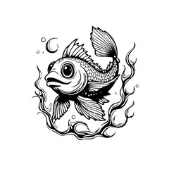 Elegant monochrome illustration displaying a stylized fish swimming gracefully in whimsical waves and bubbles