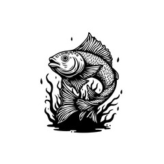 Monochrome illustration showcasing a detailed fish with prominent fins and aquatic plant, captivating artistic detail