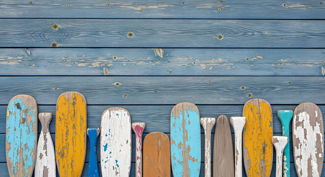 Weathered wooden paddles on rustic blue plank background





