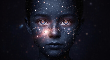 Child's Cosmic Mind: Starlit Face with Glowing Neural Network and Blue Eyes