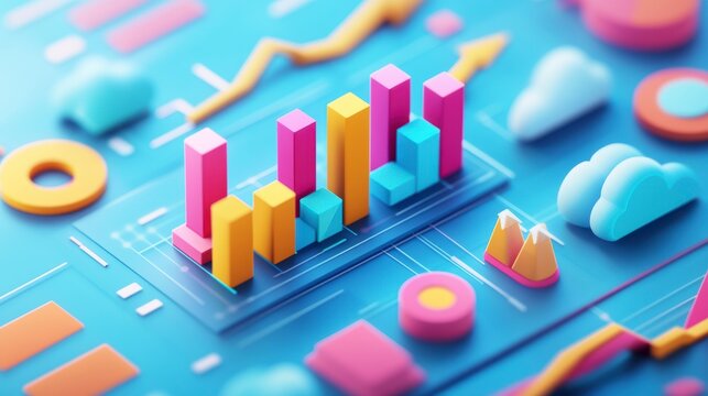 Colorful 3D bar graph with various data visualization elements on a blue background.