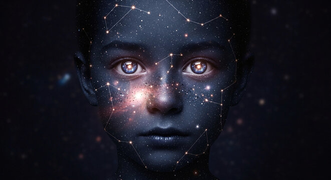 Child's Cosmic Mind: Starlit Face with Glowing Neural Network and Blue Eyes - Powered by Adobe