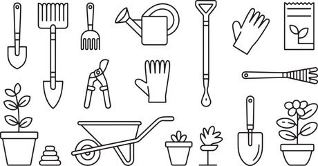 Obraz premium Gardening Tools Line Art Set Shovel and Rake Illustration