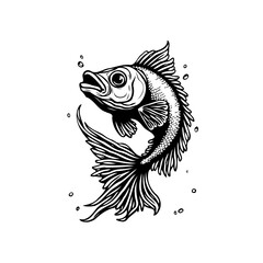 Monochrome fish illustration, vintage style design element, artwork featuring aquatic animal swimming gracefully and artistically