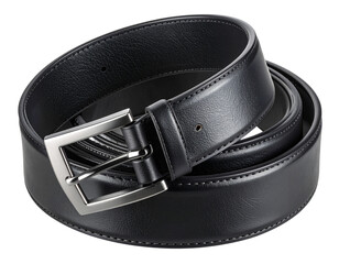 Black Leather Belt with Polished Silver Buckle, coiled, isolated on transparent background.