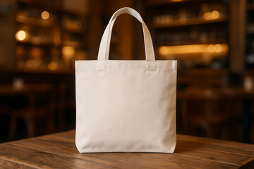 Natural Canvas Tote Bag Mockup on a wooden Table