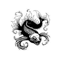 Detailed black and white artistic rendition showcasing a mythical fish with flowing fins and intricate scales