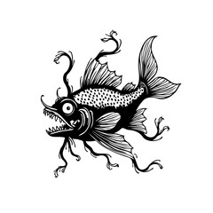 Intricate ink drawing of a whimsical monstrous fish with sharp teeth and detailed features, creative black and white illustration