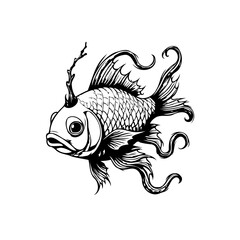 Elegant aquatic illustration featuring a stylized fish with flowing fins and intricate scales design