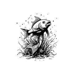 Black and white illustration showcasing a fish leaping from underwater plants in a minimalistic style