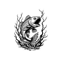 Detailed vector illustration of a jumping fish surrounded by water plants on a white background