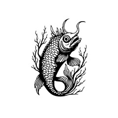 Detailed monochrome drawing showcasing a fantastical fish among aquatic plants in a striking vintage illustration style