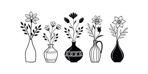 Elegant Floral Arrangements in Vases Black and White Line Art Illustrations