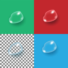 Set of realistic water and gel drops in different colors on colored and transparent background.