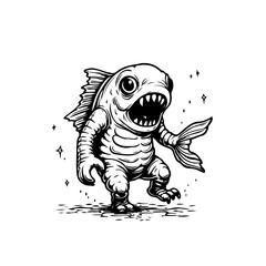 Fototapeta premium Intricate line art illustration showcasing a whimsical creature with a fish head and human limbs