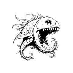 Stylized cartoon fish with prominent teeth and exaggerated fins offers a whimsical underwater design illustration