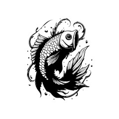 Elegant depiction of a koi fish in black and white showcasing fluid movement and artistic illustration