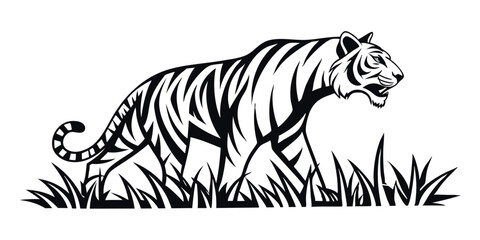 Obraz premium Majestic Tiger Illustration Black and White Design of a Tiger Walking Through Tall Grass
