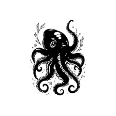 A captivating black and white octopus illustration showcasing intricate details and an enchanting aquatic atmosphere perfectly for graphic use