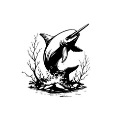 Narwhal illustration in black and white with water splash a captivating depiction of marine wildlife artwork