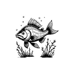 Hand drawn black and white fish swimming underwater with aquatic plants and bubbles art