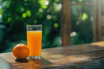 High Definition Image of Glass of Freshly Pressed Orange Juice with Two Orange on Wooden Table