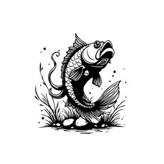 A whimsical black and white illustration of a jumping fish surrounded by aquatic plants and rocks