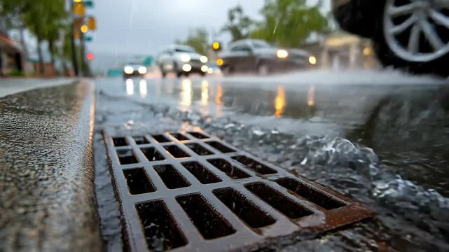Rainwater rushes towards a storm drain on a city street, creating a captivating scene with blurred background lights. Heavy rain and flooding concept.