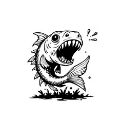 Cartoon fish illustration with sharp teeth and open mouth design concept showcasing aquatic nature