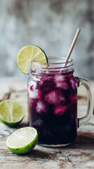 Minimalist composition of chilled purple ketchup in mason jar with melting ice and sliced lime, soft-focus wood texture background, bright airy mood, perfect for summer content