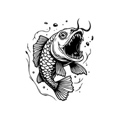 Intense Black and White Illustration of an Aggressive Fish with Sharp Teeth Design Depicting Aggression