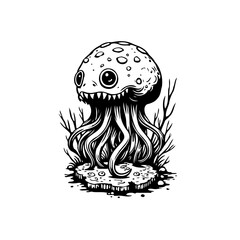Whimsical illustration of a cartoon mushroom monster with tentacles sprouting from a rocky landscape