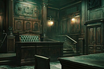 Clear Pixel Visual of an Empty Judges Bench in a Courtroom