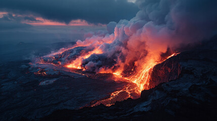 Molten lava flowing from an erupting volcano, glowing intense orange against dark rocks, thick smoke billowing above, captured in wide cinematic angle with dramatic lighting
