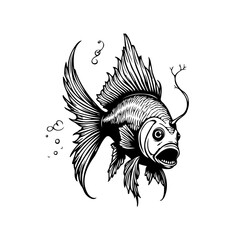 Detailed monochrome illustration of a fantail fish showcasing artistic line art and intricate details underwater life