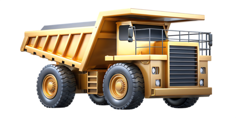 Yellow mining truck with big wheels isolated on a transparent background