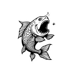 Black and white illustration of a fish with an open mouth and sharp teeth showcasing