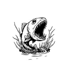A menacing fish illustration with sharp teeth emerging from the water among plants for design