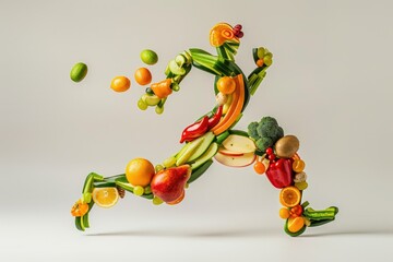 Premium Quality Image of Creative Concept of a Running Man Made From Fruits and Vegetables