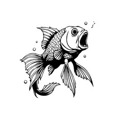Detailed black and white illustration of a goldfish with open mouth swimming in water illustration