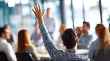 Professional seminar setting with a person confidently raising their hand to ask a question, surrounded by attentive colleagues, modern conference room, bright natural lighting