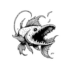 Detailed drawing of an angry black and white anglerfish with sharp teeth illustration artwork displaying detail