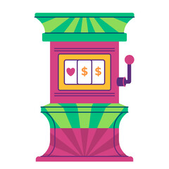 slot machine one-armed bandit featuring three spinning reels displaying dollar signs and heart symbols, a coin slot and a pull lever