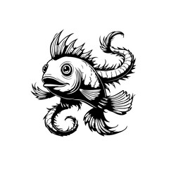 A captivating black and white drawing of a unique stylized fish illustration featuring intricate details and whimsical design perfect for various creative projects