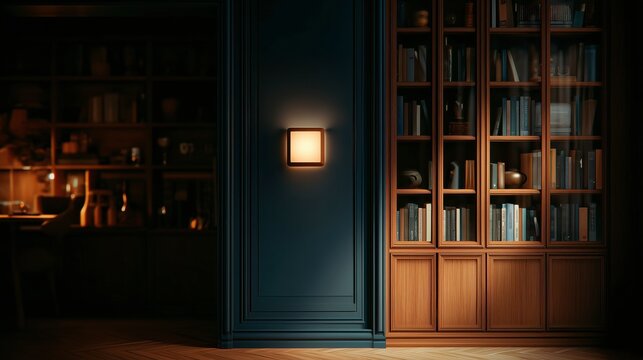 Moody and Elegant Interior of a Classic Library or Home Office at Night, With Warm Light From a Wall Sconce and an Illuminated Wooden Bookcase. Zoom Virtual Meeting Backdrop, Background