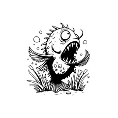 Cartoon piranha illustration with sharp teeth and big eyes in black and white theme cartoonish style